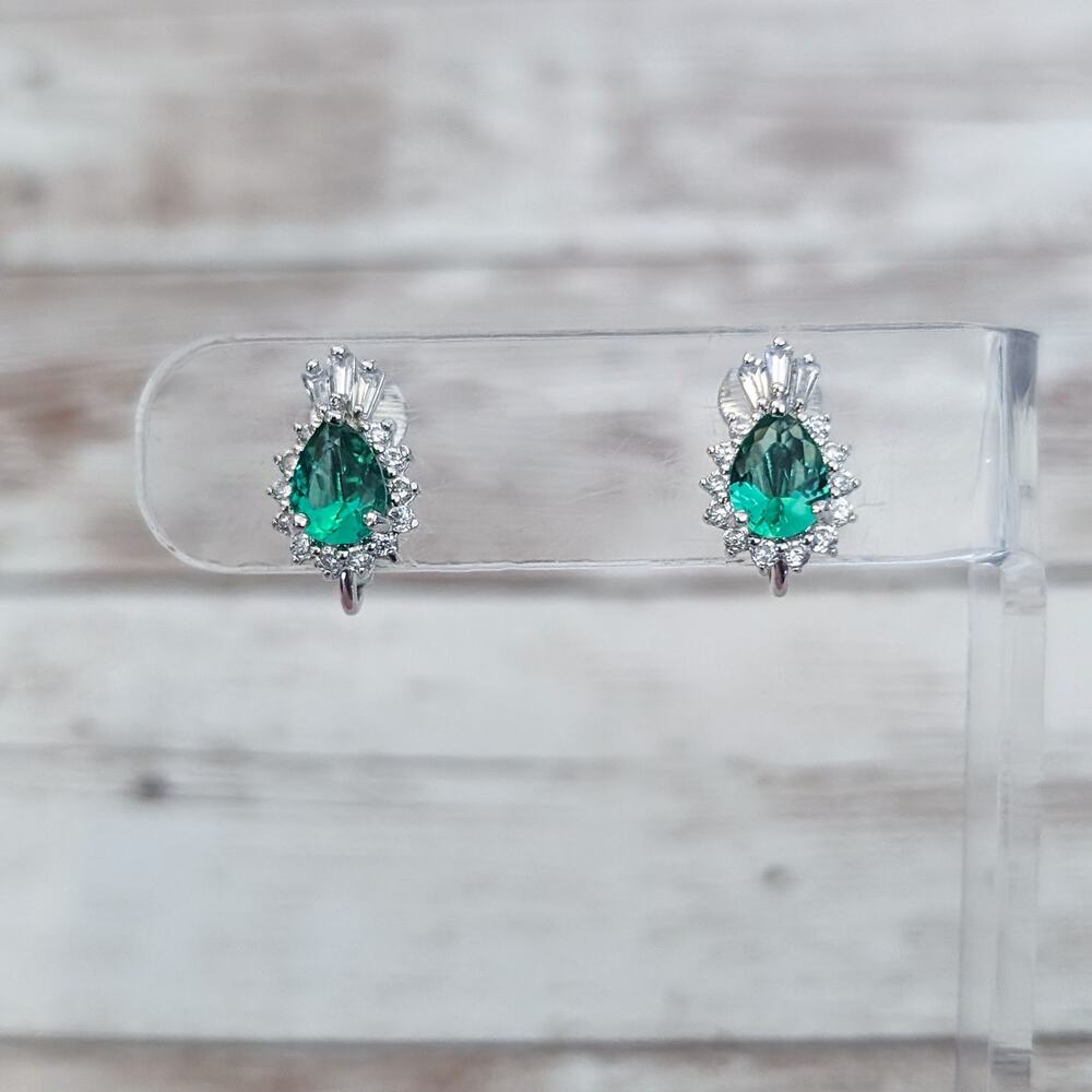 Vintage Clip On Earrings Dainty Clear & Green Gems